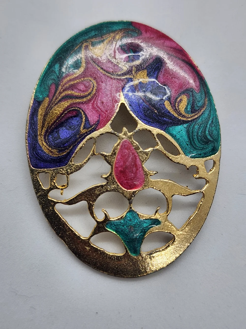 ✨️ 5 For 25 ✨️Gold Filigree Teardrop Pendant with Pink and Teal Accents